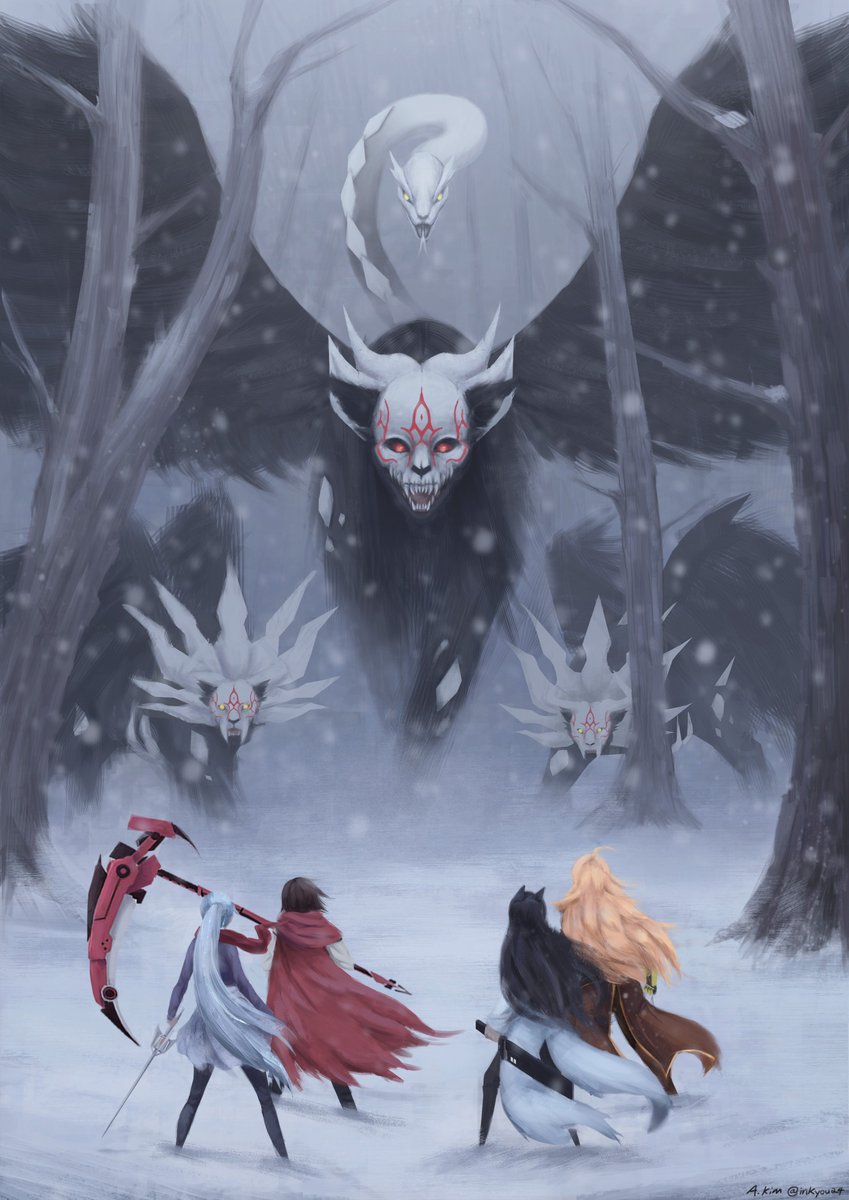 4girls ahoge animal_ears aroamingkim artist_request battle black_hair blake_belladonna blonde_hair cape cat_ears cat_girl cloak combination_weapon come_at_me_bro crescent_rose ember_celica_(rwby) epic facing_another fangs faunus_(rwby) fighting_stance floating_hair forked_tongue full_body gambol_shroud gauntlets glowing glowing_eyes grimm_(rwby) high_ponytail highres holding holding_scythe holding_sword holding_weapon hood hood_down jacket long_hair long_sleeves looking_ahead looking_at_another looking_down looking_up manticore monster multicolored_hair multiple_girls myrtenaster open_mouth outdoors pistol_sword ponytail rapier red_cape red_cloak red_hair red_scarf ruby_rose rwby scarf scythe short_hair size_difference skirt snake snake_tail snow snowing standing sword tail team teamwork teeth tongue tongue_out tree two-tone_hair weapon weiss_schnee white_hair wind wings yang_xiao_long