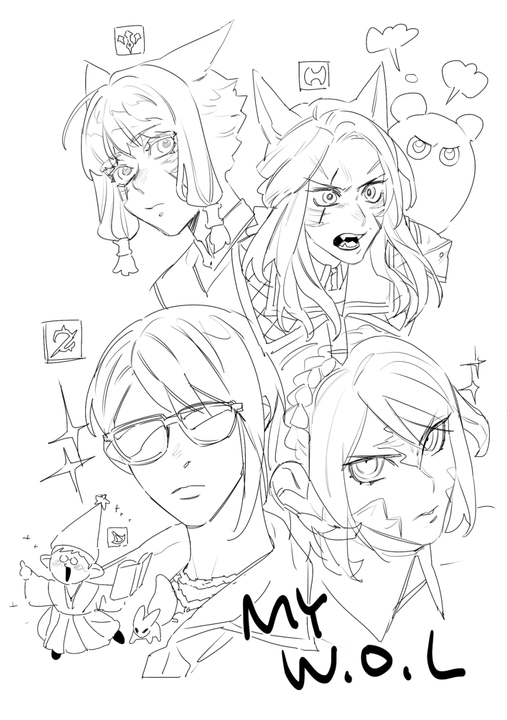 5girls animal_ears au_ra braid carbuncle_(final_fantasy) cat_ears closed_mouth commentary crown_braid dog_9uk facial_mark fangs final_fantasy final_fantasy_xiv greyscale gunbreaker_(final_fantasy) highres horns job_icon_(final_fantasy) lalafell long_hair miqo&#039;te monochrome multiple_girls open_mouth pointy_hat sage_(final_fantasy) scales scar scar_across_eye scar_on_face short_hair short_hair_with_long_locks skirt sparkle summoner_(final_fantasy) sunglasses warrior_(final_fantasy) warrior_of_light_(ff14) whisker_markings