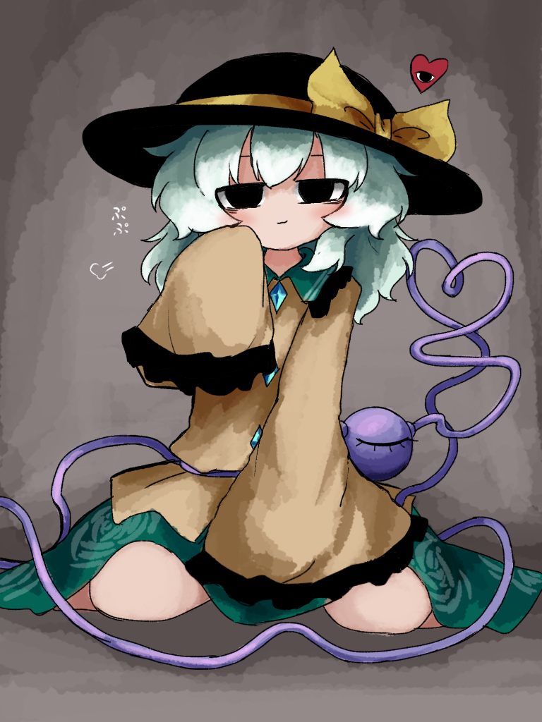 1girl black_eyes black_hat bow closed_mouth commentary_request contrast_collar frilled_shirt_collar frills full_body green_hair green_skirt hand_up hat hat_bow hat_ribbon heart heart_of_string heripantomorrow komeiji_koishi long_sleeves looking_at_viewer medium_hair print_skirt puff_of_air ribbon shirt sitting skirt sleeves_past_fingers sleeves_past_wrists solo third_eye touhou translation_request wariza wide_sleeves yellow_bow yellow_ribbon yellow_shirt