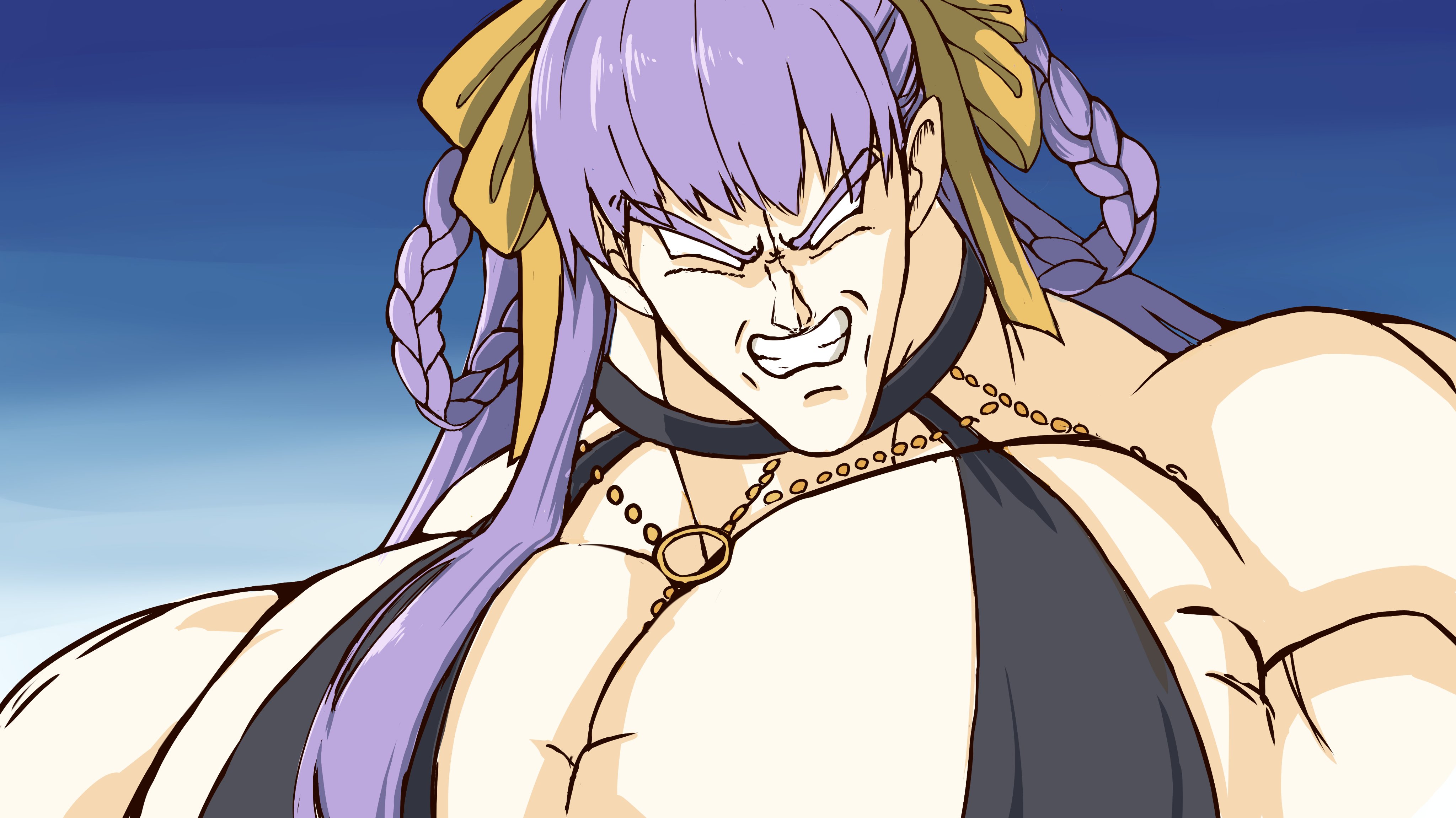 1boy absurdres bb_dubai_(fate) bb_dubai_(fate)_(cosplay) black_dress blank_eyes braid braided_hair_rings broly_(dragon_ball_z) center_opening chain cosplay dragon_ball dragonball_z dress fate/grand_order fate_(series) gold_chain hair_rings highres large_pectorals long_hair male_focus muscular muscular_male pectorals peisuto purple_hair ribbon solo twin_braids yellow_ribbon