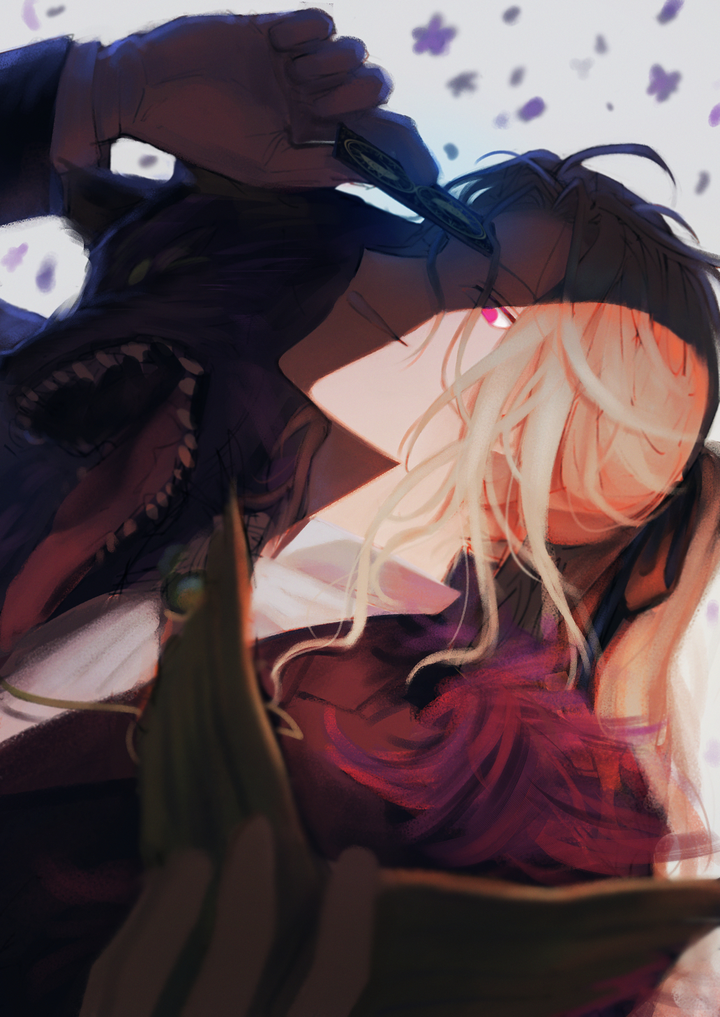 1boy alternate_eye_color ane_am ascot blonde_hair bow card fate/grand_order fate_(series) film_grain gloves hair_bow highres long_hair male_focus official_alternate_costume pink_eyes ponytail simple_background smile very_long_hair white_ascot white_background white_gloves wolf wolfgang_amadeus_mozart_(fate) wolfgang_amadeus_mozart_(formal_dress)_(fate)