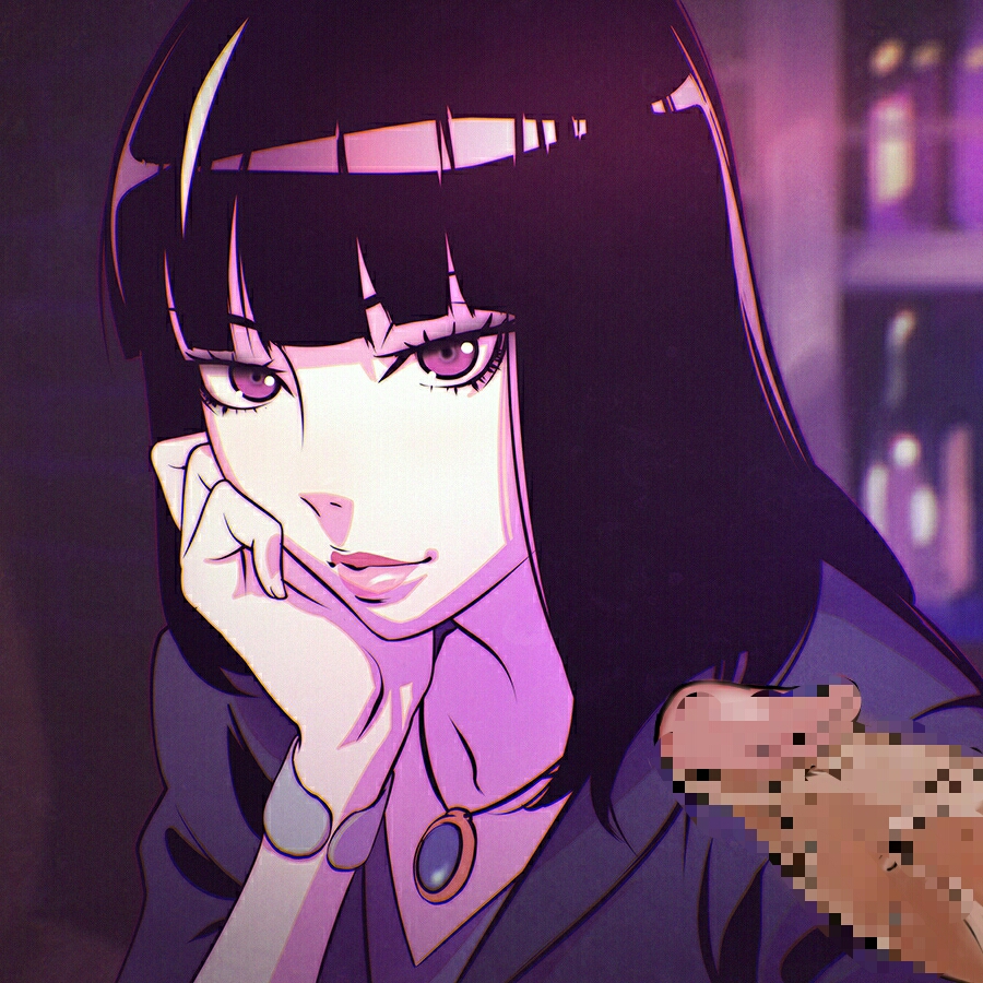 1boy 1girl arm_support black_hair black_shirt bracelet collarbone death_parade indoors jewelry kurokami_no_onna long_hair looking_at_viewer naughty_face necklace penis purple_eyes shirt
