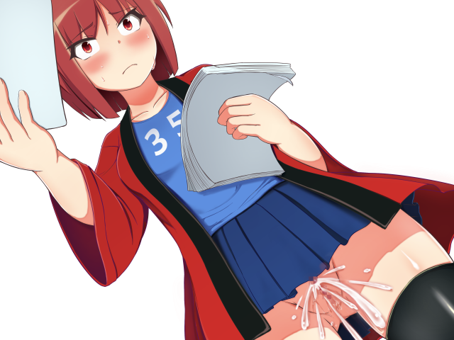 1girl breasts clymenia coat miniskirt no_panties non-web_source open_clothes open_coat original pussy pussy_juice red_coat red_hair short_hair skirt small_breasts standing white_background