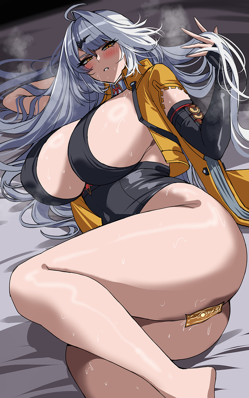 1girl ass blush breasts commentary hair_ornament hella_p highres huge_breasts jacket long_hair looking_at_viewer lying on_side paid_reward_available parted_lips sideboob solo thighs white_hair yellow_eyes yellow_jacket yixuan_(zenless_zone_zero) zenless_zone_zero