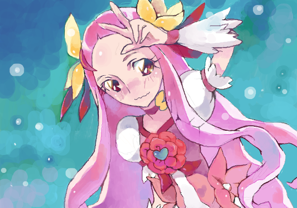 10s bad_drawr_id bad_id blush brooch cure_flower drawr flower hanasaki_kaoruko heart heart_brooch heartcatch_precure! itoito jewelry long_hair magical_girl oekaki pink_hair precure solo v