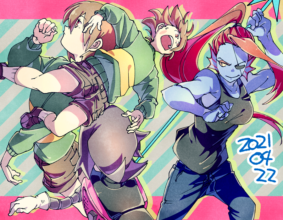 1boy 1girl 1other black_footwear black_pants black_shirt blue_skin blush_stickers brown_eyes brown_hair brown_shorts chara_(undertale) closed_mouth collarbone colored_sclera colored_skin dated drop_shadow eyepatch falling fins head_fins holding holding_polearm holding_weapon kuga_hotaru looking_to_the_side mettaton mettaton_ex midriff_peek open_mouth pants polearm ponytail red_hair shirt shorts socks spear tank_top undertale undyne weapon white_socks yellow_sclera