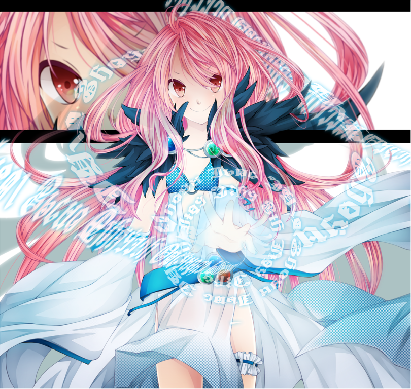 1girl belt blue_belt blush closed_mouth commentary_request cowboy_shot detached_sleeves dress flat_chest frilled_thigh_strap fur_collar long_hair looking_at_viewer magic meiko_(nattu303) pink_eyes pink_hair ragnarok_online sleeveless sleeveless_dress smile solo sorcerer_(ragnarok_online) thigh_strap white_dress white_sleeves zoom_layer