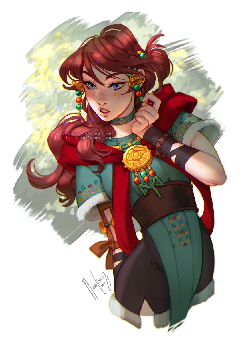 amelion arm_at_side belt blue_eyes borrowed_character brown_hair carolynne_d&#039;azur choker commentary cosplay english_commentary freckles fur-trimmed_sleeves fur_trim gift_art green_choker hair_ornament highres long_hair nose original parted_lips pelvic_curtain raen_(amelion) raen_(amelion)_(cosplay) red_scarf scarf signature teeth upper_body upper_teeth_only