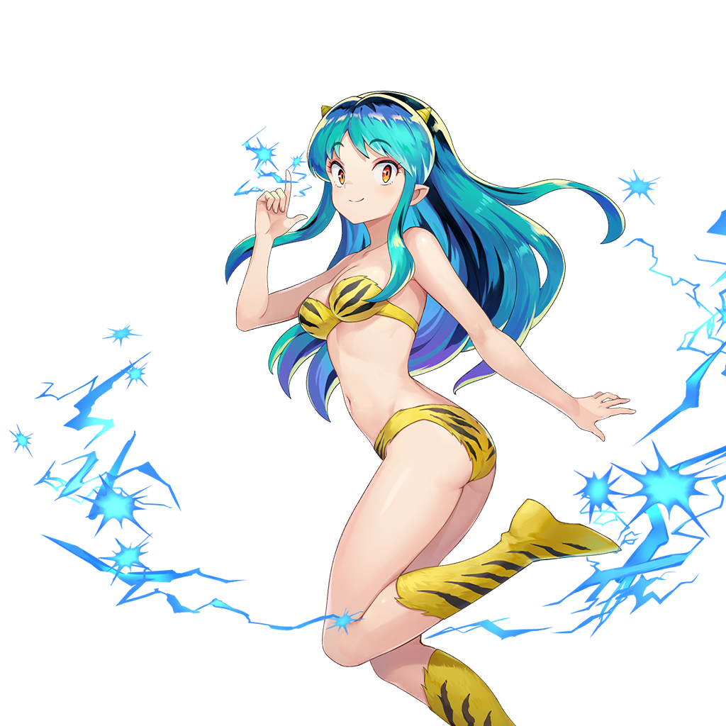 1girl animal_print aqua_hair ass bikini boots breasts closed_mouth cone_horns electricity foot_out_of_frame horns index_finger_raised long_hair looking_at_viewer lum medium_breasts navel official_art orange_eyes print_bikini ragnador simple_background smile solo strapless strapless_bikini swimsuit third-party_source tiger_print transparent_background urusei_yatsura yellow_bikini yellow_boots