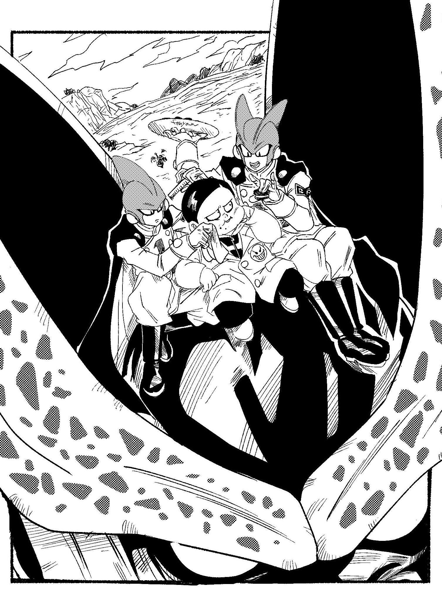 4boys cape cell_max dr._hedo dragon_ball dragon_ball_super dragon_ball_super_super_hero fat fat_man fenyon gamma_1 gamma_2 giant greyscale highres holding lab_coat male_focus monochrome multiple_boys on_head pants sitting