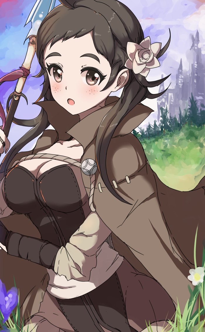 1girl bad_id bad_pixiv_id blush breasts brown_hair cape cleavage echizen_(hvcv) female_focus fire_emblem fire_emblem_fates flower freckles hair_flower hair_ornament lance large_breasts long_hair mozu_(fire_emblem) nintendo open_mouth polearm solo twintails weapon