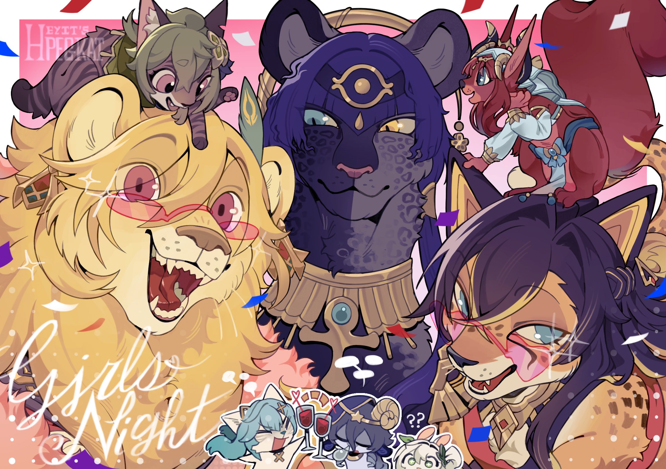 ? ?? animal animal_on_head animalization black_hair black_panther blonde_hair blue_eyes blue_hair border candace_(genshin_impact) cat chipmunk closed_mouth clothed_animal collei_(genshin_impact) commentary confetti cup dehya_(genshin_impact) detached_sleeves drink english_commentary english_text faruzan_(genshin_impact) genshin_impact hair_between_eyes headband heart heart-shaped_eyewear heterochromia heyitspegkat highres holding holding_cup jewelry kaveh_(genshin_impact) layla_(genshin_impact) leopard lion looking_at_another looking_at_viewer multicolored_hair nahida_(genshin_impact) nilou_(genshin_impact) no_humans nose_bubble on_head open_mouth outside_border panther purple_hair rabbit red-tinted_eyewear red_eyes red_hair serval sharp_teeth sleeping smile squirrel teeth tinted_eyewear two-tone_hair white_border yellow_eyes