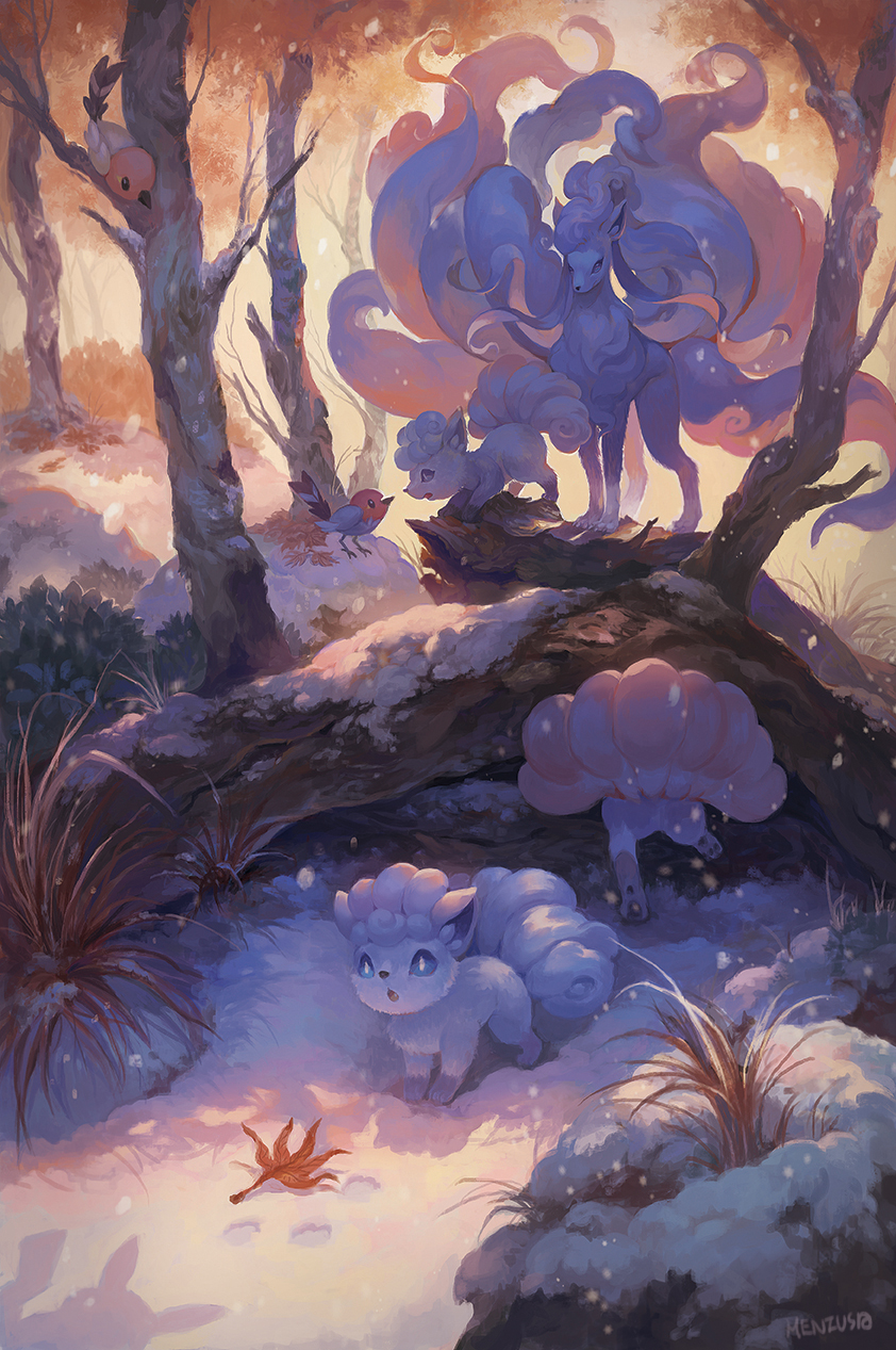 alolan_form alolan_ninetales alolan_vulpix artist_name blue_eyes bush day fletchling forest full_body gen_1_pokemon grass highres leaf looking_at_another meniusa_lau nature no_humans open_mouth outdoors pikachu pokemon pokemon_(creature) silhouette snow snowing tree winter