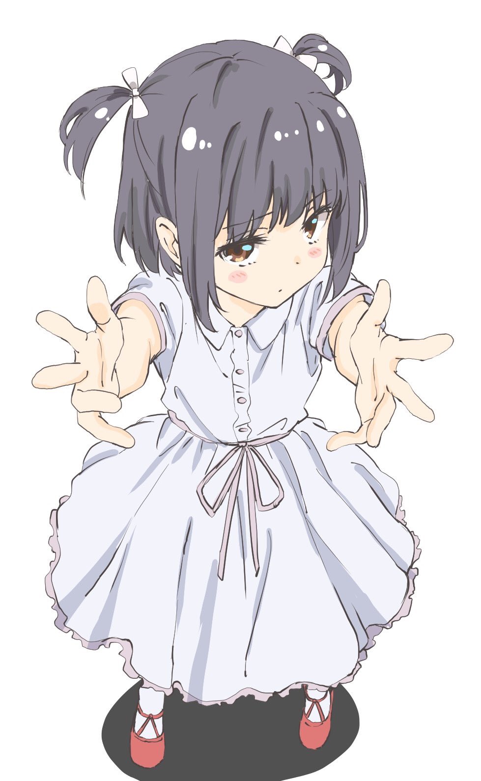 1girl :o anno_masato black_hair blue_dress blush brown_eyes buttons child dress female_focus frilled_dress frills hair_ribbon highres light_blue_dress looking_at_viewer original outstretched_arms outstretched_hand reaching reaching_towards_viewer red_footwear ribbon shadow short_hair short_sleeves short_twintails solo string_belt string_waist twintails white_background white_legwear white_ribbon