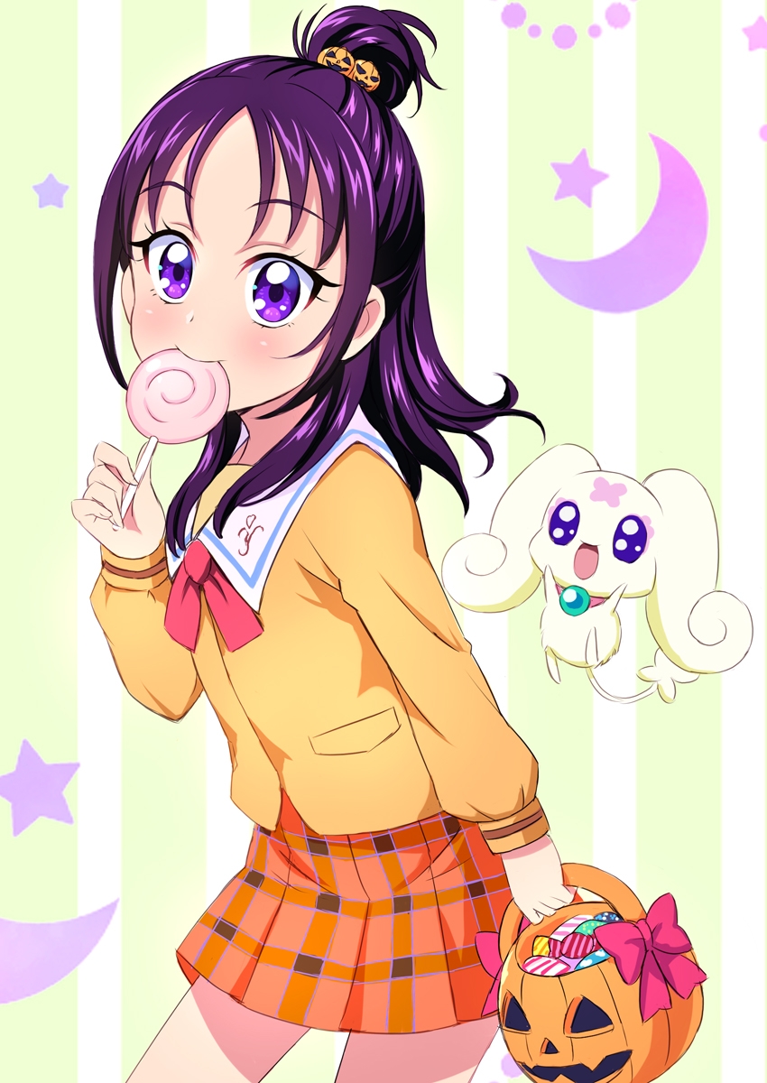 1girl blouse bow bowtie bucket candy choppy collared_shirt commentary_request crescent eating food futari_wa_precure futari_wa_precure_splash_star hair_ornament halloween_bucket highres holding holding_bucket holding_candy holding_food holding_lollipop jack-o&#039;-lantern jack-o&#039;-lantern_hair_ornament lollipop long_sleeves looking_at_viewer medium_hair mini_koala miniskirt mishou_mai one_side_up orange_skirt partial_commentary plaid_clothes plaid_skirt pleated_skirt precure purple_eyes purple_hair red_bow red_bowtie sailor_collar school_uniform shirt skirt solo standing star_(symbol) white_sailor_collar yellow_shirt yuunagi_middle_school_uniform