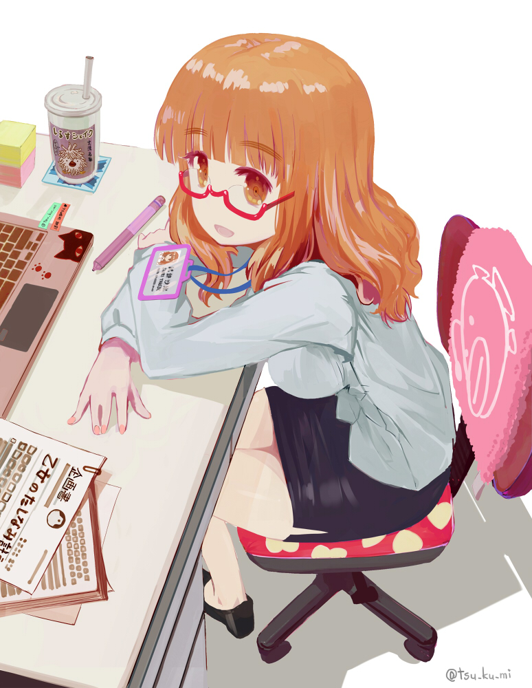 1girl alternate_costume anglerfish araippe bare_legs black_shoes black_skirt blouse blunt_bangs chair commentary computer cup desk disposable_cup dress_shirt emblem fish from_side girls_und_panzer glasses id_card japanese_tankery_league_(emblem) lanyard laptop leaning_forward long_hair long_sleeves looking_at_viewer miniskirt office_chair office_lady on_chair open_mouth orange_eyes orange_hair pen pencil_skirt red-framed_eyewear semi-rimless_eyewear shirt shoes side_slit sitting skirt smile solo sticky_note swivel_chair takebe_saori twitter_username under-rim_eyewear white_background white_shirt yurikuta_tsukumi