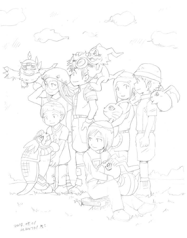 2girls 4boys armadillo armadimon bird bug cat digimon digimon_(creature) glasses hawkmon hida_iori ichijouji_ken inoue_miyako motomiya_daisuke multiple_boys multiple_girls patamon tailmon takaishi_takeru v-mon wings wormmon yagami_hikari