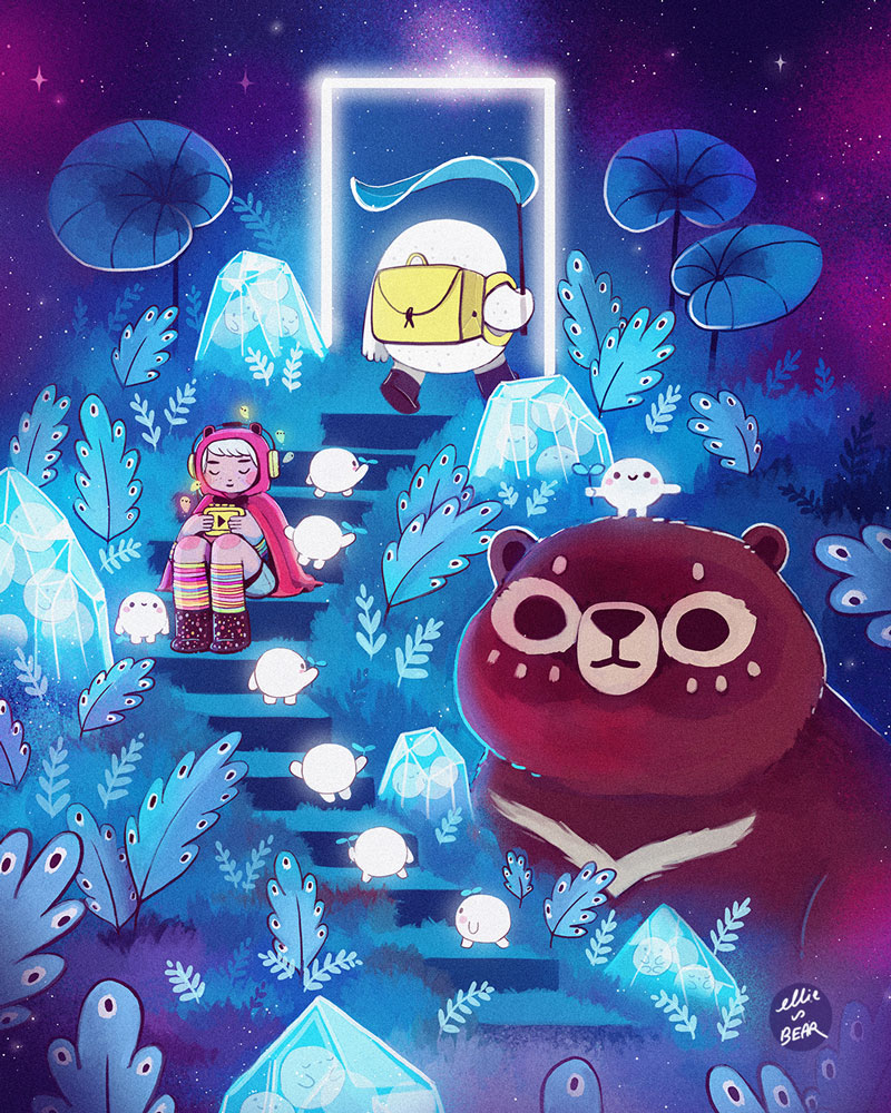 1girl animal artist_name backpack bag bear blonde_hair boots cloak commentary creature crystal ellievsbear english_commentary foliage full_body ghost glowing holding hood hooded_cloak leaf_umbrella night night_sky original outdoors plant signature sitting sky smile solid_circle_eyes solid_eyes star_(sky)