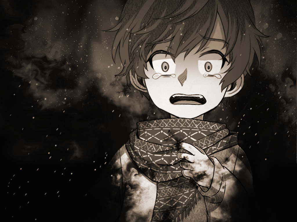1boy black_fire brown_hair claroscuro crying crying_with_eyes_open fire game_cg nikanor_petrovich_lyarasov official_art scared scarf sepia shirt short_hair solo tears white_shirt ximsol182