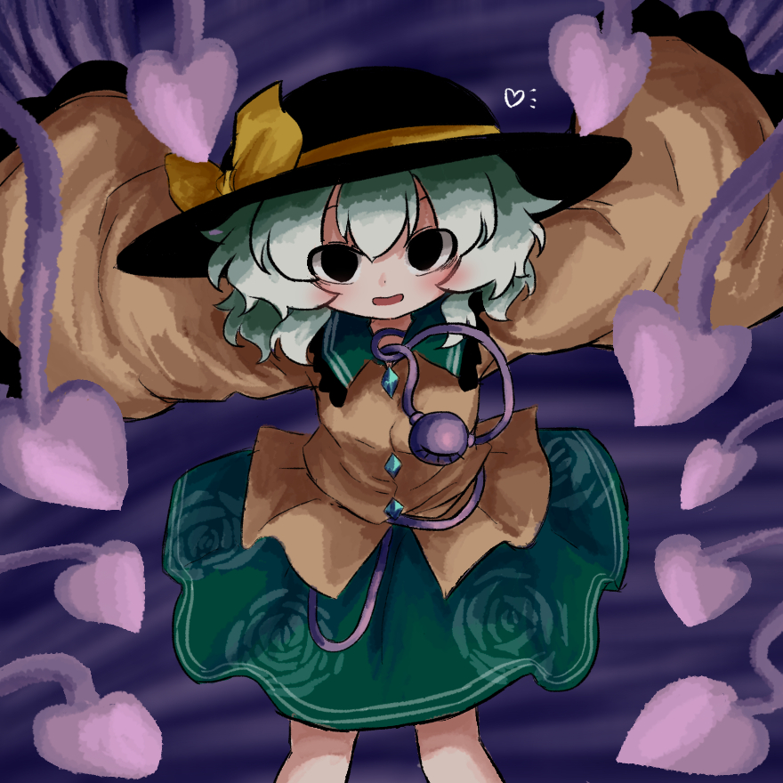 1girl black_eyes black_hat blouse bow breasts buttons commentary_request diamond_button feet_out_of_frame floral_print frilled_shirt_collar frilled_sleeves frills green_hair green_skirt hat hat_bow hat_ribbon heart heripantomorrow incoming_attack komeiji_koishi long_sleeves looking_at_viewer medium_hair open_mouth print_skirt ribbon rose_print serious shirt skirt solo touhou wide_sleeves yellow_bow yellow_ribbon yellow_shirt