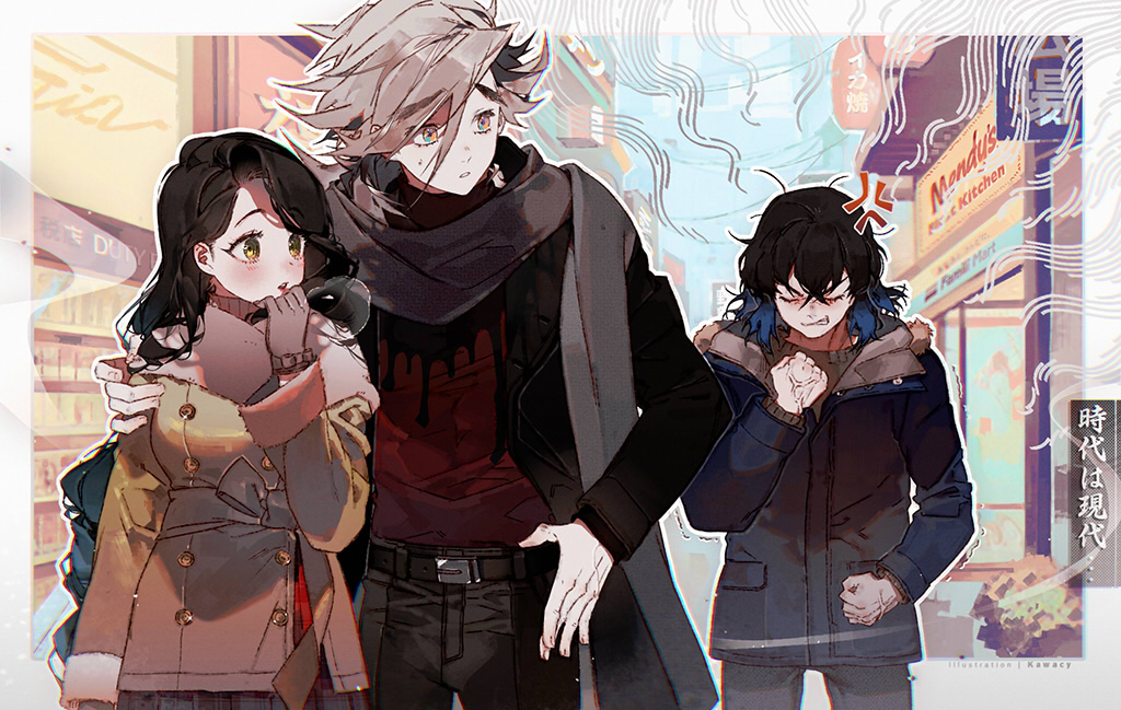 anger_vein artist_name belt black_coat black_hair black_pants black_scarf blue_eyes blue_jacket blush border brown_gloves brown_hair brown_jacket buckle buttons clenched_hands closed_eyes coat commentary_request cow cowlick crossed_bangs double-breasted douma_(kimetsu_no_yaiba) fur-trimmed_jacket fur_trim furrowed_brow gloves grey_hair grey_pants hair_between_eyes hand_on_another&#039;s_shoulder hand_on_own_chin hand_on_own_hip hashibira_inosuke hashibira_kotoha hood hood_down hooded_jacket jacket kawacy kimetsu_no_yaiba layered_clothes long_hair long_sleeves looking_at_another looking_back medium_hair multicolored_eyes open_clothes open_coat orange_eyes outside_border pale_skin pants parted_lips pink_shawl plaid_clothes plaid_skirt pleated_skirt raised_eyebrows red_shirt road scarf scowl shawl shirt short_hair sidelocks skirt sleeve_cuffs storefront street sweatdrop swept_bangs thick_eyebrows translation_request watermark white_border yellow_eyes