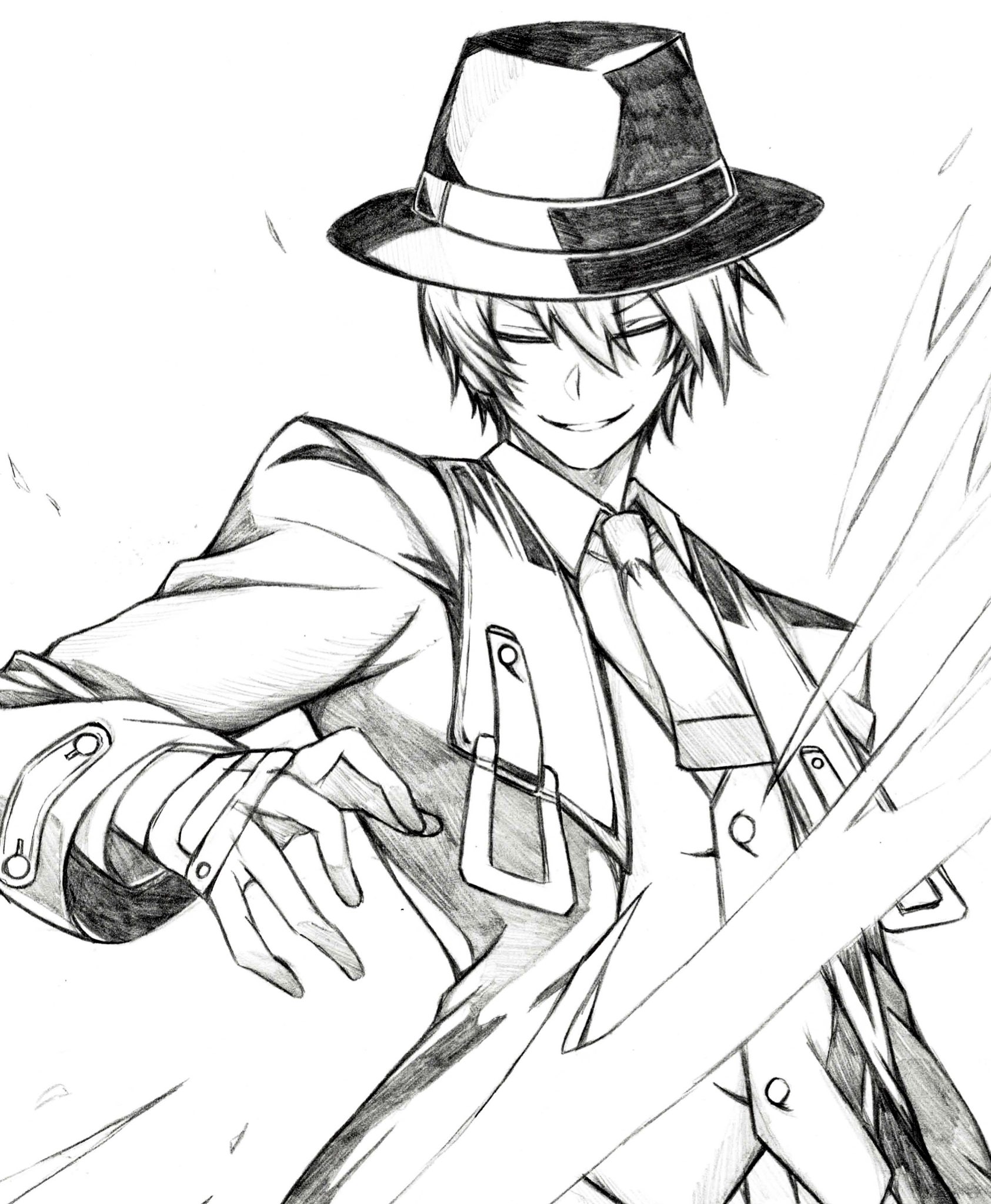 1boy blazblue buttons closed_eyes collared_shirt commentary_request graphite_(medium) greyscale hair_between_eyes hat hazama highres jacket male_focus monochrome necktie open_clothes open_jacket seishun_dendeke shirt short_hair smile solo standing top_hat traditional_media
