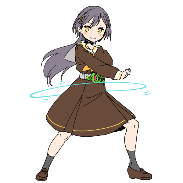 &gt;:) 1girl black_socks blush_stickers brown_dress brown_shoes closed_mouth commentary_request copyright_request dress full_body grey_hair hair_ornament hasu_no_sora_school_uniform kamen_rider katsuragi_izumi link!_like!_love_live! loafers long_hair long_sleeves looking_at_viewer love_live! medium_dress neckerchief pleated_dress rider_belt sailor_collar sailor_dress school_uniform shinanoya_(satanicad) shoes simple_background slit_pupils smile socks solo split_mouth triangle_hair_ornament v-shaped_eyebrows virtual_youtuber white_background white_sailor_collar winter_uniform wolf_cut yellow_eyes yellow_neckerchief
