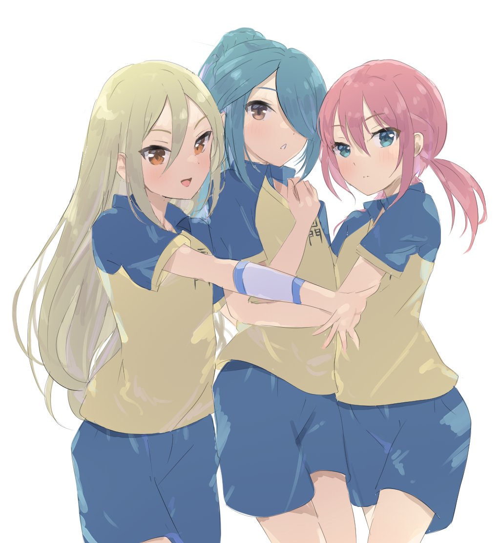 3boys afuro_terumi aisu_(icicleshot) aqua_eyes aqua_hair blonde_hair brown_eyes inazuma_eleven_(series) inazuma_eleven_go kazemaru_ichirouta kirino_ranmaru long_hair looking_at_viewer low_twintails male_focus multiple_boys orange_eyes pink_hair short_hair soccer_uniform sportswear trap twintails
