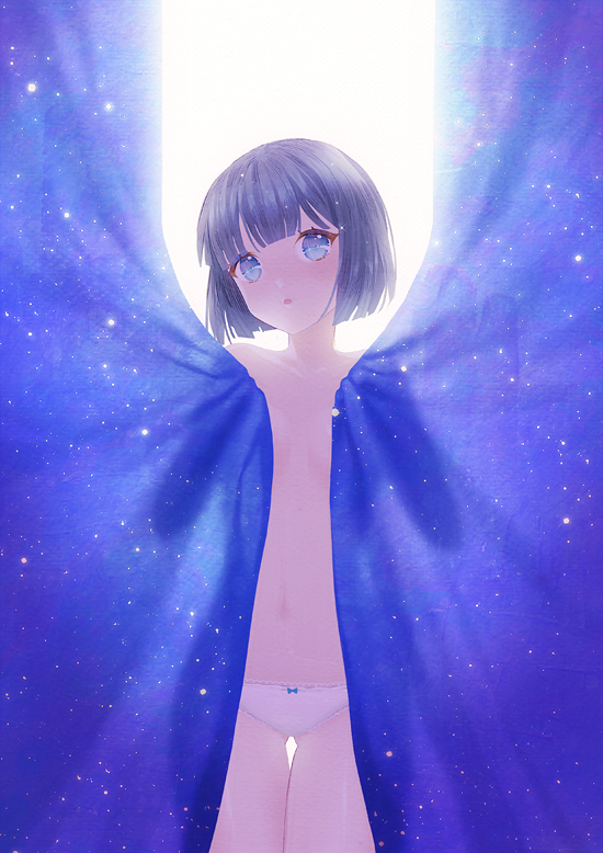 1girl :o black_hair blue_bow blue_eyes blunt_bangs blush bob_cut bow bow_panties cowboy_shot curtain_grab curtains female_focus gluteal_fold head_tilt holding looking_at_viewer navel no_pants original panties saban short_hair solo standing starry_sky_print thigh_gap topless_female underwear underwear_only white_panties