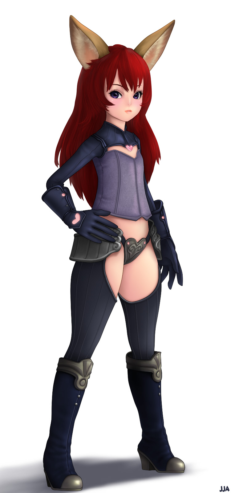 1girl animal_ears armor boots elin gloves hand_on_own_hip highres khalitzburg_(user_2274420) panties purple_eyes red_hair standing tera_online underwear