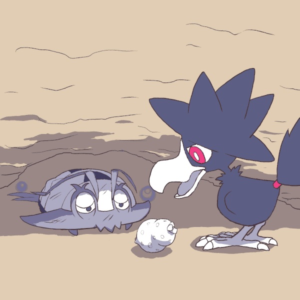 animal_focus berry_(pokemon) bird bright_pupils cave commentary_request crow full_body gen_2_pokemon gen_7_pokemon helping injury looking_at_food mijinko_(barabadge) murkrow nintendo no_humans outdoors pokemon pokemon_(creature) red_eyes sad scratches sitrus_berry white_pupils wimpod