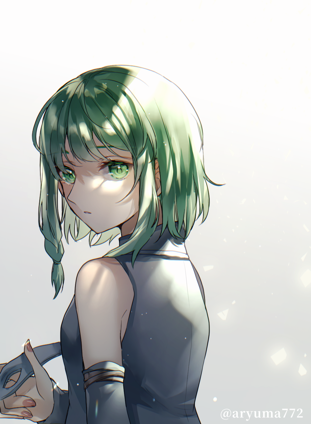 1girl aryuma772 blouse braid detached_sleeves evillious_nendaiki from_side gradient_background green_eyes green_hair grey_background grey_shirt grey_sleeves gumi highres holding nail_polish nemesis_no_juukou_(vocaloid) nemesis_sudou parted_lips pink_nails shirt short_hair side_braid sleeveless sleeveless_shirt solo upper_body vocaloid white_background