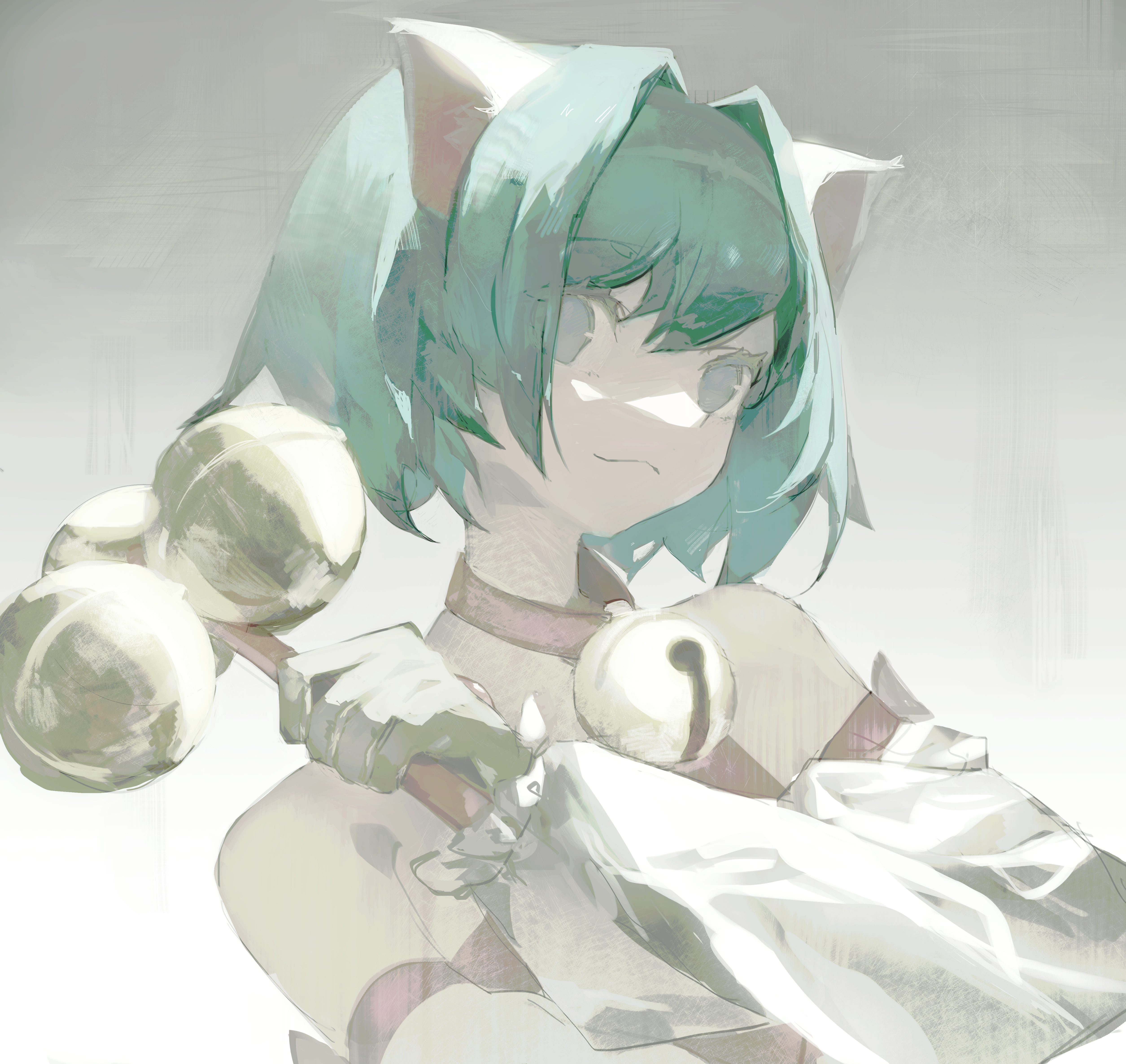1girl absurdres animal_ears bare_shoulders bell cat_ears cat_girl closed_mouth collar detached_sleeves dress gloves gradient_background grey_background grey_eyes grey_hair hair_between_eyes hair_intakes highres light_smile looking_at_viewer magical_girl neck_bell nhk_ni_youkoso! puffy_sleeves pururin_(nhk) red_collar red_dress short_hair simple_background solo upper_body white_background white_sleeves yellow_gloves yuishironeko