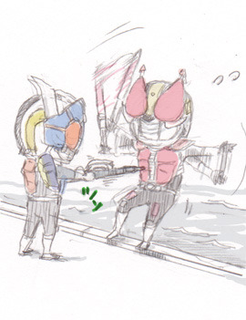 2boys arm_flail armor blue_armor flailing helmet japanese_text kamen_rider kamen_rider_den-o kamen_rider_den-o_(series) ledge male_focus mask masked masked_male momotaros multiple_boys poking red_armor rod sound_effects sword urataros water weapon