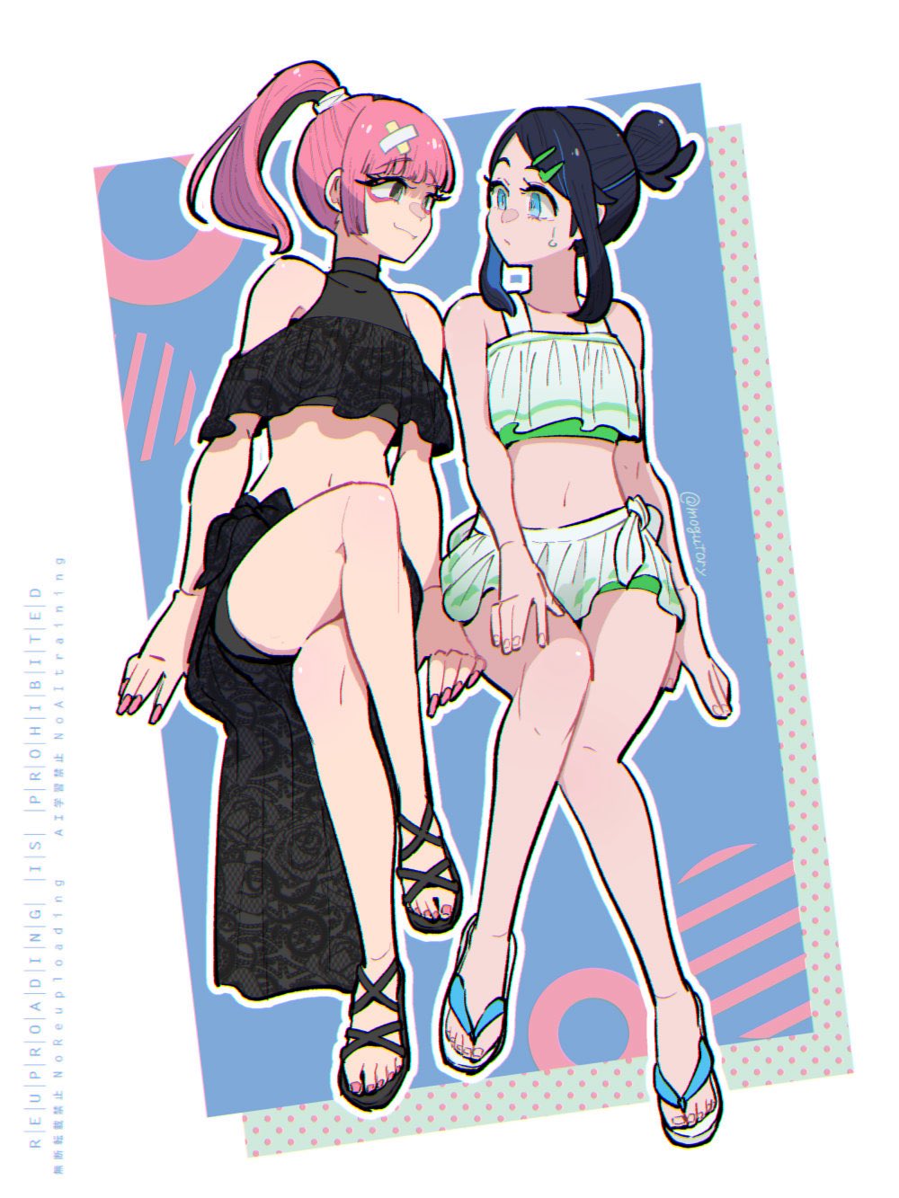 alternate_costume alternate_hairstyle bandaid bandaid_hair_ornament bare_shoulders bikini black_eyes black_hair black_sarong blue_eyes blue_hair closed_mouth coral_(pokemon) full_body hair_bun hair_ornament hairclip highres liko_(pokemon) looking_at_another mogutory multicolored_hair navel nintendo pink_hair pink_nails pokemon pokemon_(anime) pokemon_horizons ponytail sandals sarong smile sweatdrop swimsuit two-tone_hair