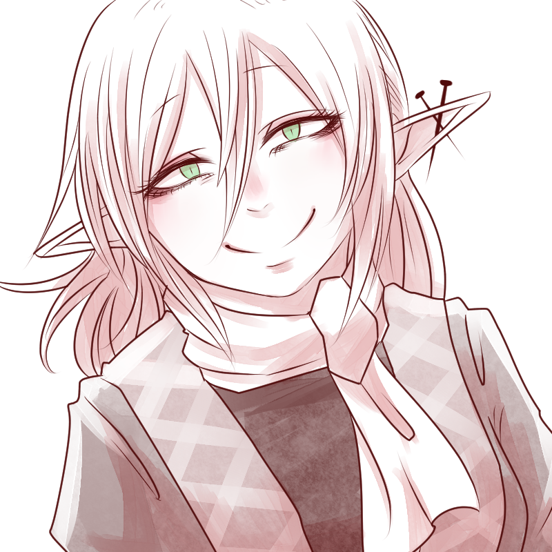 1girl bags_under_eyes closed_mouth commentary_request green_eyes hair_between_eyes long_bangs looking_at_viewer mizuhashi_parsee pointy_ears scarf sei_no_ji shirt short_hair simple_background smile solo spiked_ear_piercing touhou undershirt white_background