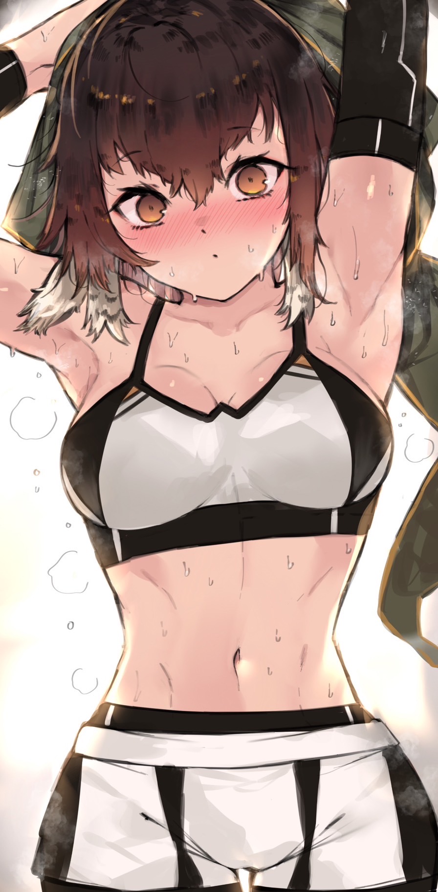 1girl arknights armpits arms_up bird_girl blush brown_hair feather_hair highres kyuu_(plastic_night_q) looking_at_viewer midriff navel official_alternate_costume plume_(arknights) plume_(easy_time)_(arknights) short_hair short_shorts shorts solo sports_bra sweat white_shorts white_sports_bra yellow_eyes