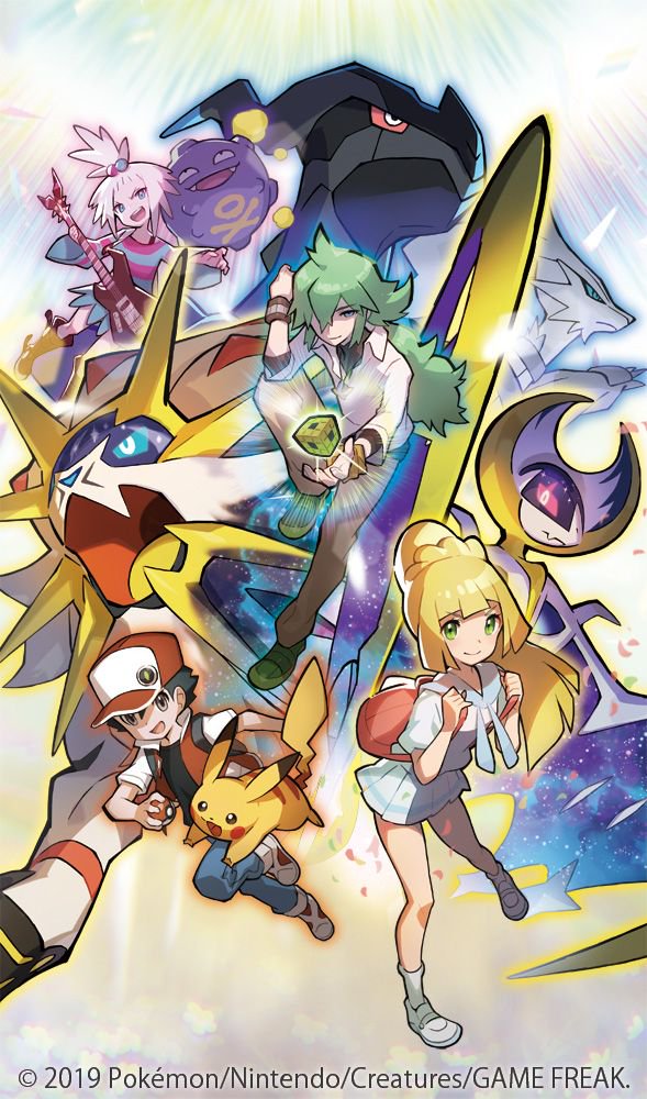 2boys 2girls backpack bag baseball_cap bass_guitar black_footwear black_hair black_shirt blonde_hair blue_eyes blue_sclera boots bracelet brown_pants closed_mouth colored_sclera copyright_name copyright_notice cube denim bass_guitar gen_1_pokemon gen_5_pokemon gen_7_pokemon green_eyes green_footwear green_hair grey_eyes hair_bobbles hair_ornament hat holding holding_bass_guitar holding_instrument holding_poke_ball instrument jacket jeans jewelry koffing legendary_pokemon lillie_(pokemon) long_hair lunala multiple_boys multiple_girls n_(pokemon) nintendo official_art open_mouth pants pikachu pink_bag poke_ball poke_ball_(basic) pokemon pokemon_(creature) pokemon_bw pokemon_bw2 pokemon_lgpe pokemon_sm pokemon_tcg ponytail red_(pokemon) red_hat red_jacket red_sclera reshiram roxie_(pokemon) saitou_naoki shirt shoes short_hair skirt smile socks solgaleo teeth topknot two-tone_shirt upper_teeth_only white_eyes white_footwear white_hair white_shirt white_skirt white_socks zekrom