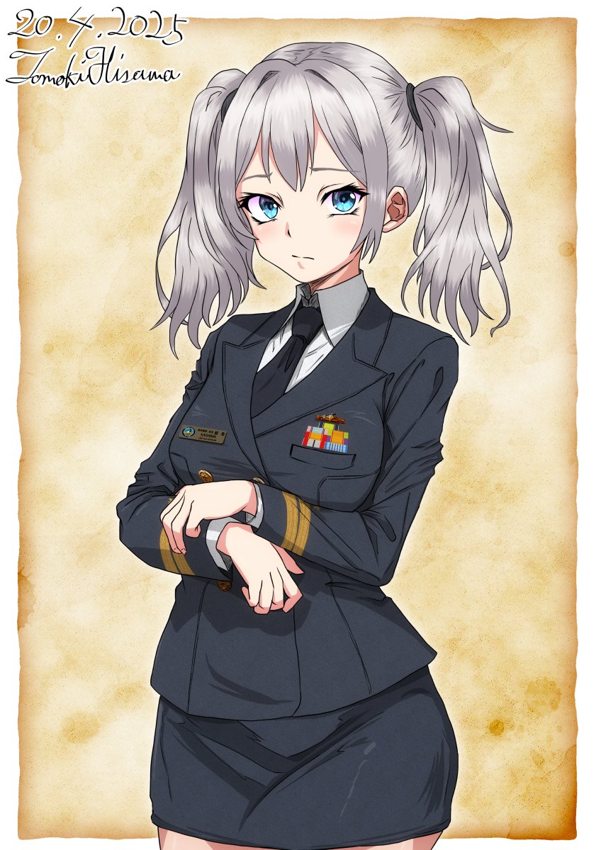 1girl alternate_costume artist_name black_jacket black_necktie black_skirt blue_eyes breasts buttons collared_shirt dated double-breasted grey_hair highres hisamatomoki jacket japan_maritime_self-defense_force japan_self-defense_force kantai_collection kashima_(kancolle) large_breasts long_sleeves looking_at_viewer military military_dress_uniform military_rank_insignia military_uniform naval_dress_uniform naval_uniform necktie one-hour_drawing_challenge ribbon_bar shirt skirt solo twintails wavy_hair white_shirt