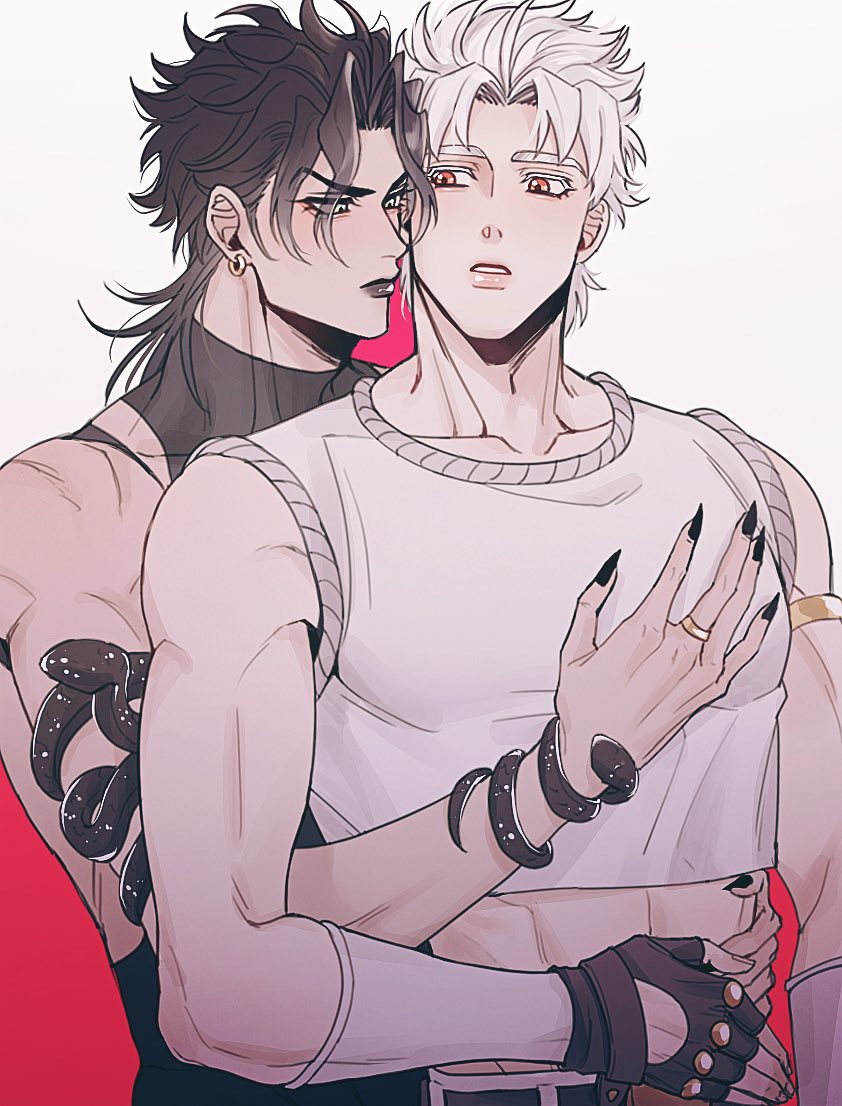 2boys alternate_color alternate_hair_color black_hair black_lips black_nails closed_mouth dio_brando earrings fingerless_gloves gloves hako_iix07 hug jewelry jojo_no_kimyou_na_bouken jonathan_joestar long_hair looking_at_another male_focus multiple_boys muscular muscular_male parted_lips phantom_blood red_eyes ring shirt short_hair stardust_crusaders white_shirt yaoi