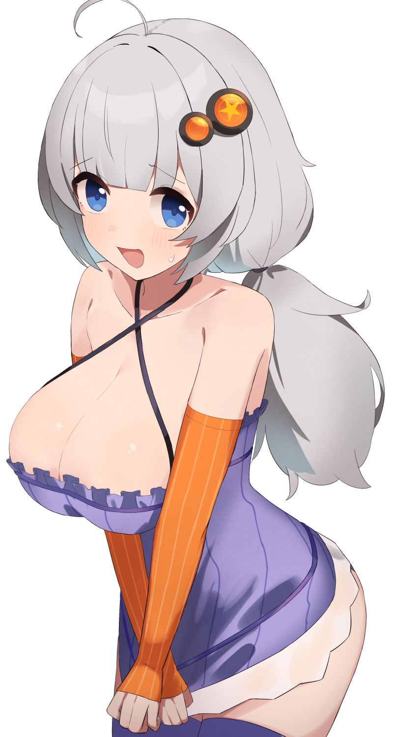 1girl ahoge bare_shoulders blue_eyes blush breasts cleavage cosplay covering_crotch covering_privates cowboy_shot criss-cross_halter dress elbow_gloves fingerless_gloves gloves grey_hair hair_ornament halterneck highres kizuna_akari large_breasts long_hair looking_at_viewer low_twintails open_mouth pajhmh purple_dress purple_thighhighs raised_eyebrows shirt simple_background sleeveless sleeveless_shirt solo standing sweatdrop thighhighs twintails vocaloid voiceroid white_background yuzuki_yukari yuzuki_yukari_(cosplay)