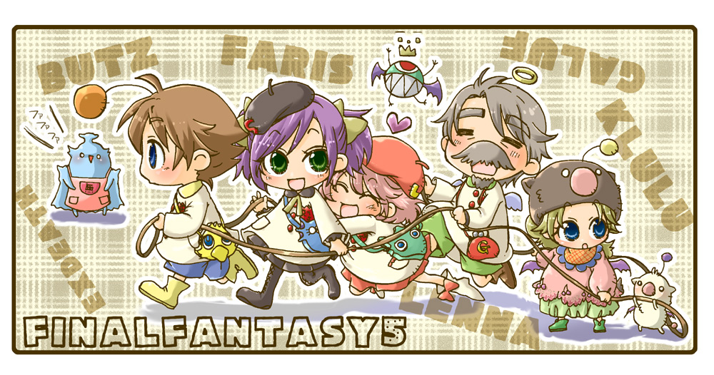 1990s_(style) 2boys 3girls :&gt; :d :o =_= akuyuu_(akuyuworld) apron armor beard beret blonde_hair blue_eyes boco boots bow brown_hair bartz_klauser cameo character_name chibi chocobo copyright_name crown embroidery exdeath closed_eyes facial_hair fangs faris_scherwiz final_fantasy final_fantasy_v galuf_halm_baldesion green_eyes grey_hair hair_bow halo hat heart hiryu hiryuu_(ff5) hug kindergarten kindergarten_teacher kindergarten_uniform krile_mayer_baldesion_(ff5) lenna_charlotte_tycoon monster moogle multiple_boys multiple_girls mustache o_o open_mouth pink_hair ponytail rope running short_hair short_twintails shorts siblings sisters smile square_enix syldra twintails walking wings