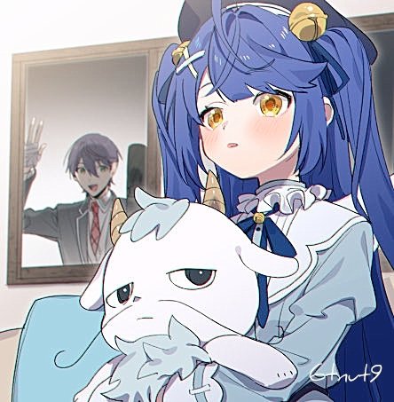 1boy 1girl 6tnut9 :d :o ahoge amamiya_kokoro amamiya_kokoro_(1st_costume) artist_name bandaged_hand bandages bell beret black_hat black_jacket blazer blue_hair blue_jacket blue_ribbon blush character_request collared_shirt commentary_request cropped_jacket from_inside green_eyes hair_bell hair_intakes hair_ornament hair_ribbon hand_up hat indoors jacket jingle_bell juliet_sleeves kenmochi_touya kenmochi_touya_(1st_costume) lapels long_hair long_sleeves looking_inside lowres neck_ribbon necktie nijisanji open_clothes open_jacket open_mouth puffy_sleeves purple_hair red_necktie ribbon school_uniform shirt short_hair sidelocks smile very_long_hair virtual_youtuber weapon_bag white_shirt window x_hair_ornament yellow_eyes