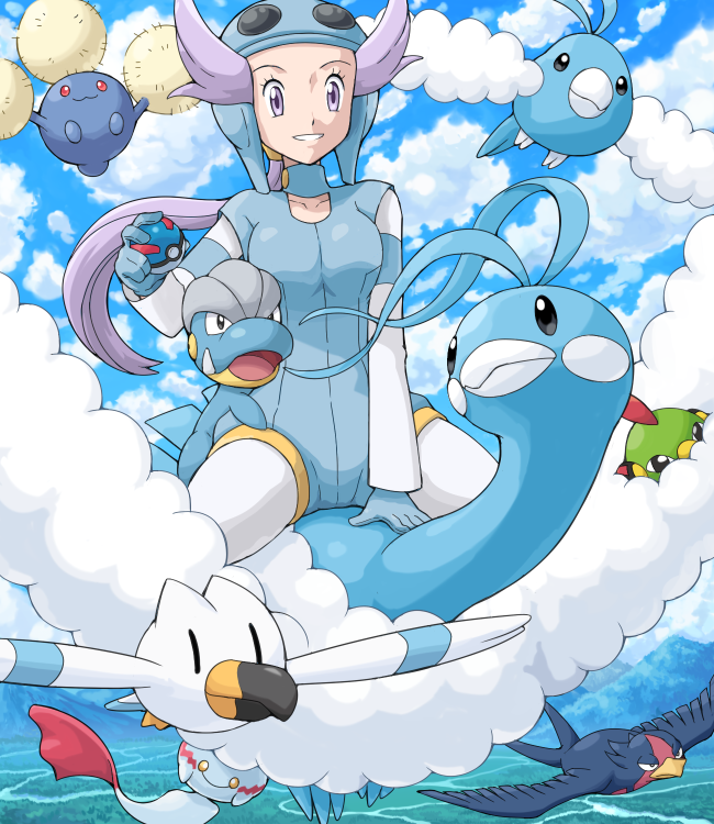 00s 1girl altaria aviator_cap bagon blue_sky chimecho cloud day flying gen_2_pokemon gen_3_pokemon gloves goggles great_ball gym_leader hat holding holding_poke_ball jumpluff light_smile natu nintendo poke_ball pokemoa pokemon pokemon_(creature) pokemon_rse purple_eyes purple_hair riding riding_pokemon sitting sitting_on_animal sky straddling swablu swellow wingull winona_(pokemon)
