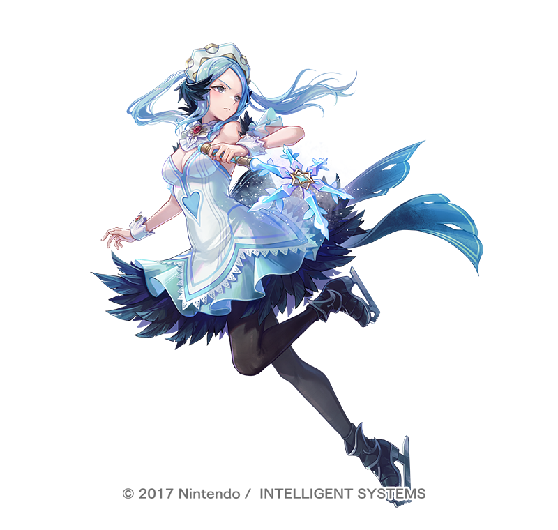 1girl aqua_eyes attack bare_shoulders black_feathers black_pantyhose blue_eyes breasts cleavage dress feather_trim feathers fire_emblem fire_emblem_fates fire_emblem_heroes flora_(fire_emblem) flora_(ice)_(fire_emblem) ice_skates kyusoukyu medium_breasts nintendo official_alternate_costume official_art pantyhose skates solo twintails v-shaped_eyebrows white_background white_dress