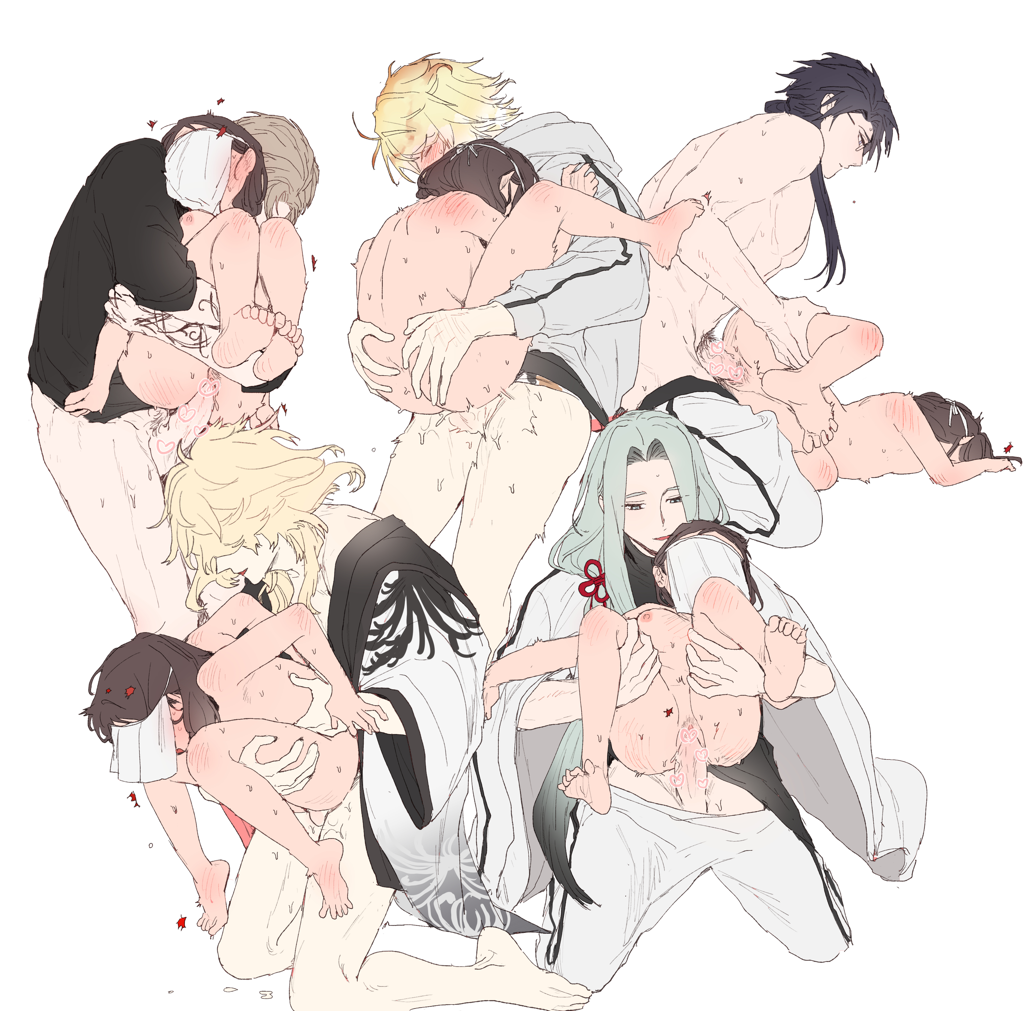 1girl 5boys absurdres black_hair blonde_hair brown_hair character_request clothed_male_nude_female colored_eyelashes commentary_request dal-gi faceless faceless_female female_saniwa_(touken_ranbu) green_hair haori highres ichimonji_norimune jacket japanese_clothes kneeling korean_commentary long_hair low_ponytail multiple_boys multiple_views nude penis ponytail pussy reverse_suspended_congress sanchoumou saniwa_(touken_ranbu) sex sex_from_behind short_hair size_difference suspended_congress touken_ranbu vaginal very_long_hair