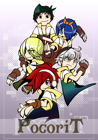 5boys bandana black_eyes blonde_hair blue_coat blue_eyes bow brown_gloves closed_mouth coat commentary_request fingerless_gloves gloves gold_trim green_bandana hair_bow hair_over_one_eye headphones kawasemi_(pocorit) looking_at_viewer male_focus monk_(ragnarok_online) multiple_boys open_clothes open_coat orange_bow ragnarok_online red_eyes red_hair smile upper_body white_coat white_hair yellow_eyes