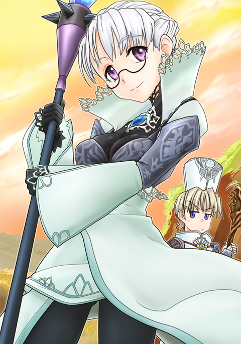 black_pantyhose blonde_hair blue_eyes fantasy_earth_zero glasses gloves hat mitre pantyhose priest_hat purple_eyes staff urokozuki white_hair