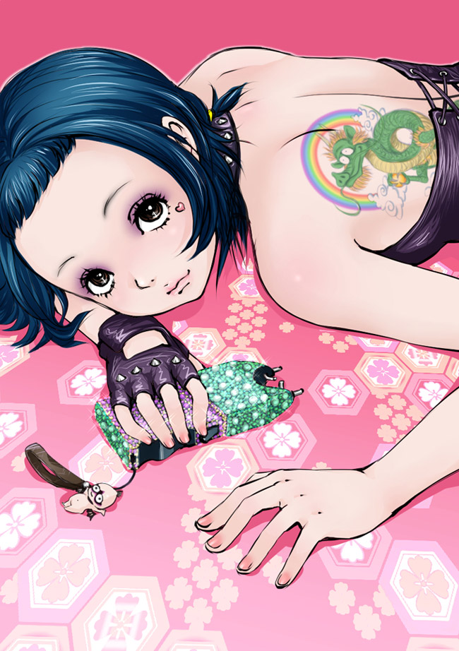 1girl blue_hair charm_(object) cloud_tattoo corset cute_weapon dragon dragon_tattoo eastern_dragon eyeshadow facial_mark fingerless_gloves gloves goth_fashion heart heart_facial_mark leather leather_gloves leather_shirt lisbeth_salander looking_at_viewer lying makeup on_stomach pochimaru_(pixiv29617) punk purple_eyeshadow rainbow rainbow_tattoo shiny_clothes short_bangs single_glove solo strapless studded_choker stun_gun tattoo the_girl_with_the_dragon_tattoo tube_top weapon weapon_charm