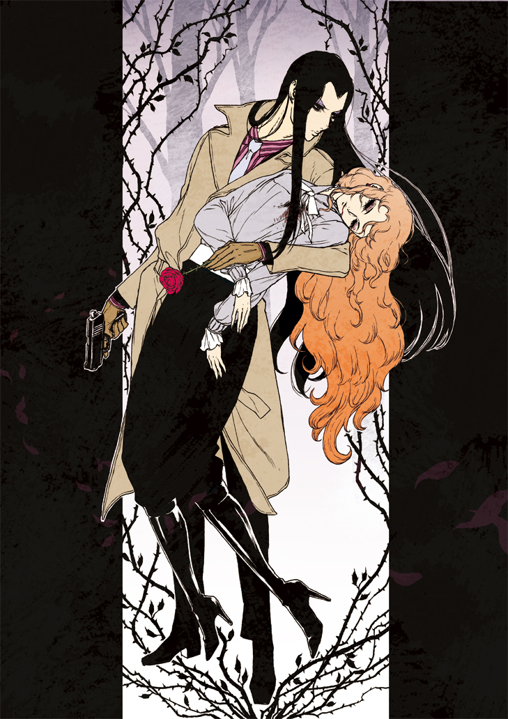 2boys black_footwear black_hair boots crossdressing closed_eyes eyeshadow fainting flower full_body gun high_heel_boots high_heels holding jack_barbarosa_bancoran karasuma_tasuku knee_boots long_coat long_hair makeup maraich_juschenfe multiple_boys orange_hair patalliro! pillarboxed rose thorns weapon